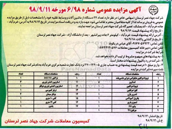 مزایده, مزایده تعداد 24 دستگاه از ماشین آلات و وسایط نقلیه