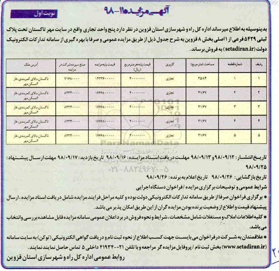 آگهی مزایده مزایده فروش 5 واحد تجاری پلاک ثبتی 5429 فرعی نوبت اول