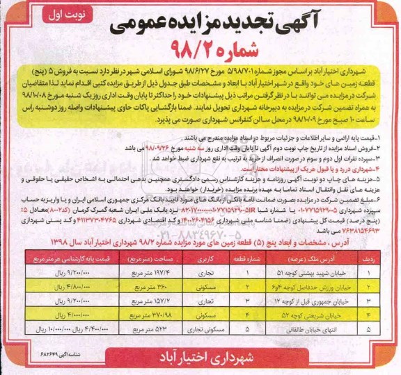 مزایده مزایده فروش 5 قطعه زمین های خود نوبت اول