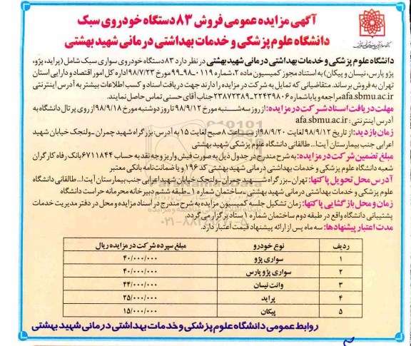 مزایده, مزایده عمومی فروش 83 دستگاه خودروی سبک