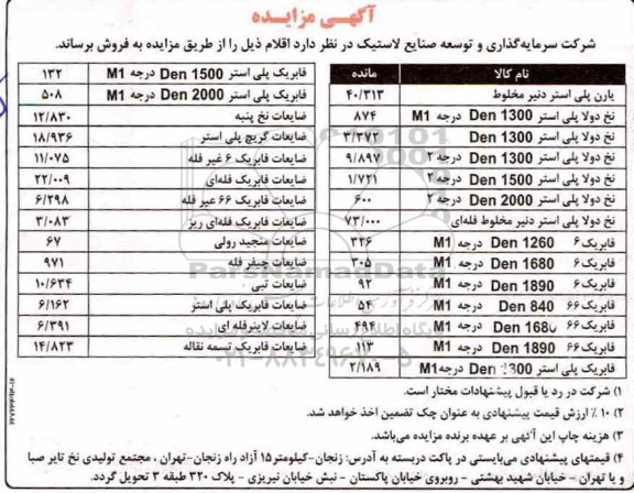 مزایده , مزایده یارن پلی استر دنیر مخلوط ....