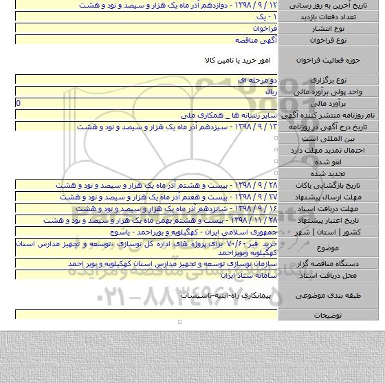 خرید قیر ۷۰/۶۰ برای  پروژه های اداره کل نوسازی ،توسعه و تجهیز مدارس استان کهگیلویه وبویراحمد