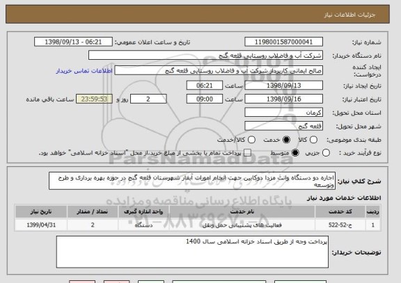 استعلام اجاره دو دستگاه وانت مزدا دوکابین جهت انجام امورات آبفار شهرستان قلعه گنج در حوزه بهره برداری و طرح وتوسعه