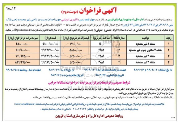 فراخوان , فراخوان چهار قطعه زمین با کاربری آموزشی نوبت دوم 