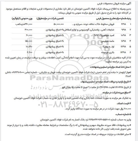 مزایده، مزایده فروش مخلوط خاک، نخاله، دوده، سرباره و ...