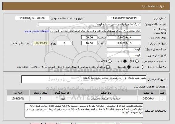 استعلام نصب پمپ شناور و ... در شهرک صنعتی شماره1 کرمان