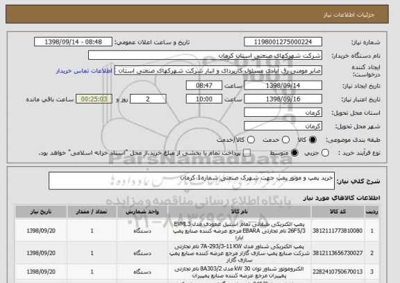استعلام خرید پمپ و موتور پمپ جهت شهرک صنعتی شماره1 کرمان