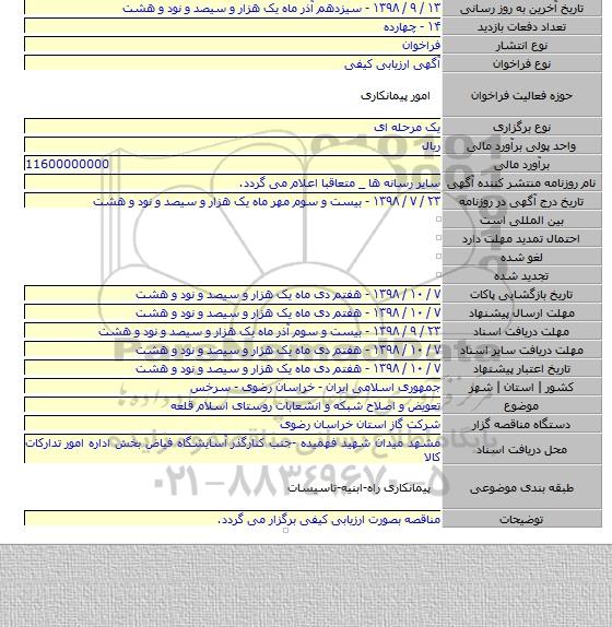 تعویض و اصلاح شبکه و انشعابات روستای اسلام قلعه