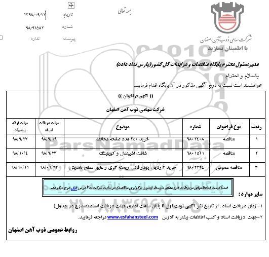 فراخوان, فراخوان خرید 250 عدد صفحه محافظ