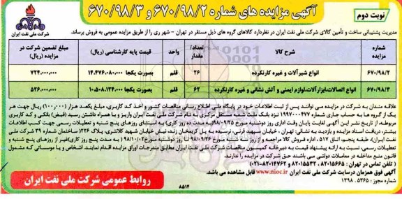مزایده ، مزایده انواع شیرآلات و غیره کار نکرده و ... نوبت دوم