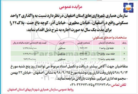 مزایده مزایده واگذاری 3 واحد مسکونی