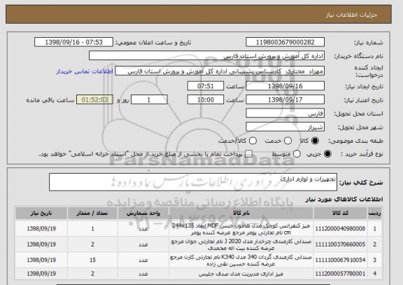 استعلام تجهیزات و لوازم اداری