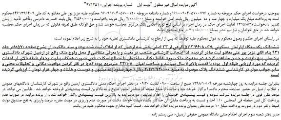 مزایده، مزایده فروش ششدانگ یکدستگاه اپارتمان مسکونی پلاک 25113/6608فرعی از 33 اصلی