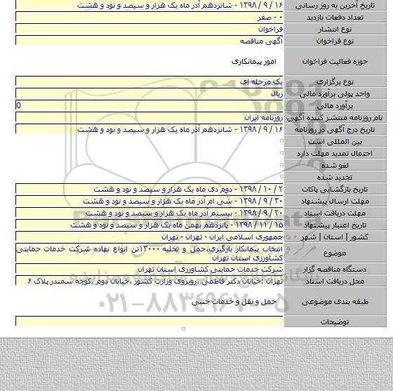 انتخاب پیمانکار بارگیری٬حمل و تخلیه ۱۳۰۰۰تن انواع نهاده شرکت خدمات حمایتی کشاورزی استان تهران