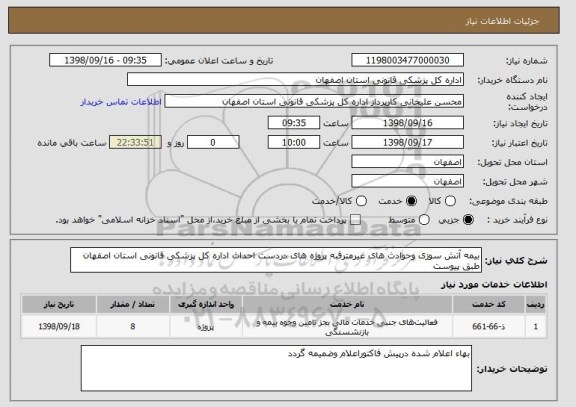 استعلام بیمه آتش سوزی وحوادث های غیرمترقبه پروژه های دردست احداث اداره کل پزشکی قانونی استان اصفهان طبق پیوست