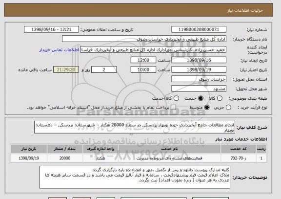 استعلام انجام مطالعات جامع آبخیزداری حوزه نوبهار بردسکن در سطح 20000 هکتار – شهرستان: بردسکن – دهستان: نوبهار