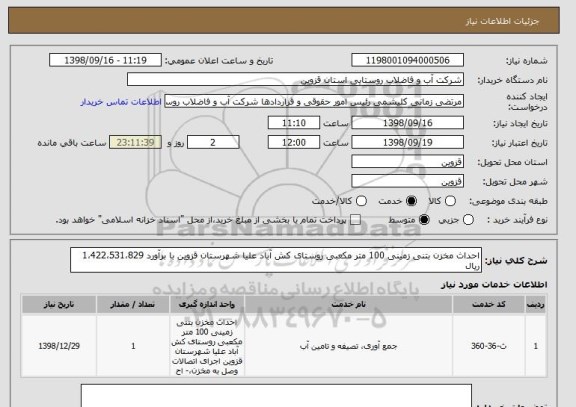 استعلام احداث مخزن بتنی زمینی 100 متر مکعبی روستای کش آباد علیا شهرستان قزوین با برآورد 1،422،531،829 ریال