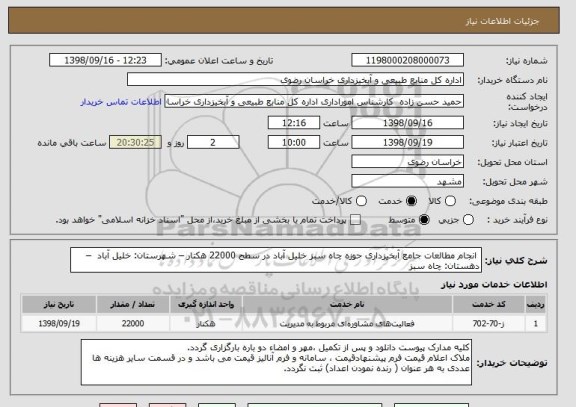 استعلام  انجام مطالعات جامع آبخیزداری حوزه چاه سبز خلیل آباد در سطح 22000 هکتار – شهرستان: خلیل آباد  – دهستان: چاه سبز