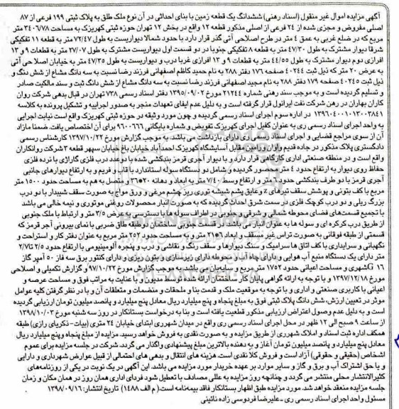 مزایده مزایده ششدانگ یک قطعه زمین 199 فرعی از 87 اصلی