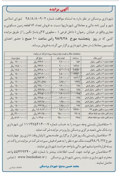 مزایده مزایده فروش 16 قطعه زمین مسکونی و تجاری