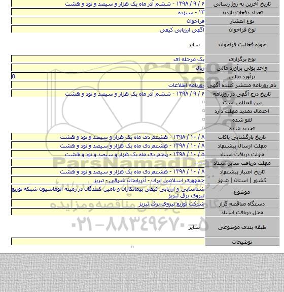 شناسایی و ارزیابی کیفی پیمانکاران و تامین کنندگان در زمینه اتوماسیون شبکه توزیع نیروی برق تبریز