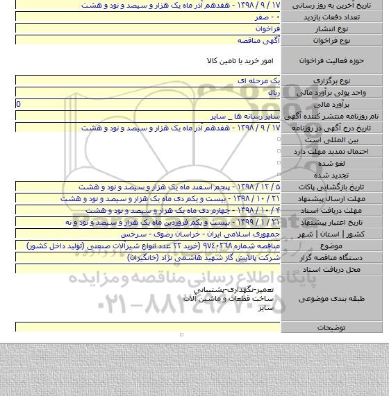مناقصه شماره ٩٧٤٠٢٦٨ (خرید ٢٢ عدد انواع شیرآلات صنعتی (تولید داخل کشور)