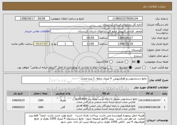 استعلام  مایع دستشویی و ظرفشویی  4 لیتری درجه  1 برند صحت 