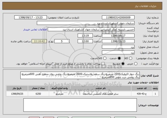 استعلام رنگ دیوار اکرولیک2200 مترمربع-رنگ سقف پلاستیک 2600 مترمربع-رنگ روغنی روی سطوح آهنی 600مترمربع-رنگ روغنی درب چوبی 850مترمربع