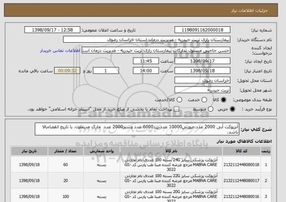 استعلام آنزیوکت آبی 2000 عدد،صورتی10000 عدد،زرد6000 عدد وسبز2000 عدد  مارک مدیفلون، با تاریخ انقضاءبالا باشد.
