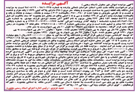 مزایده مزایده ششدانگ یک قطعه زمین 250 مترمربع