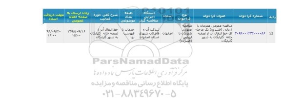 مناقصه خط انتقال آب از تصفیه خانه 