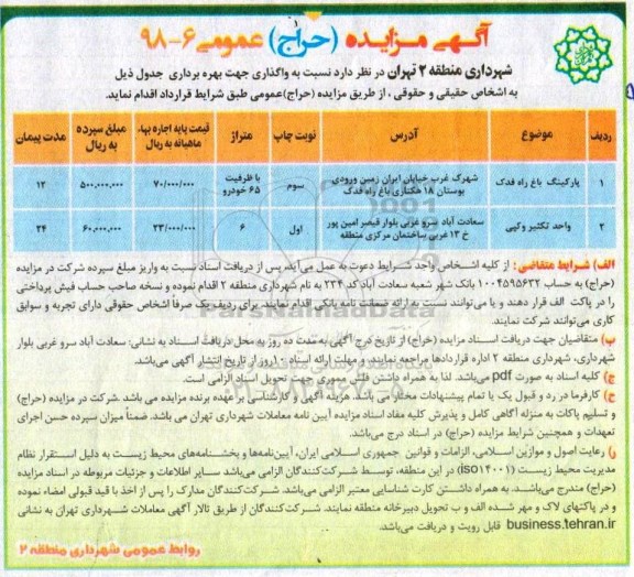 مزایده, مزایده پارکینگ باغ راه و واحد تکثیر و کپی