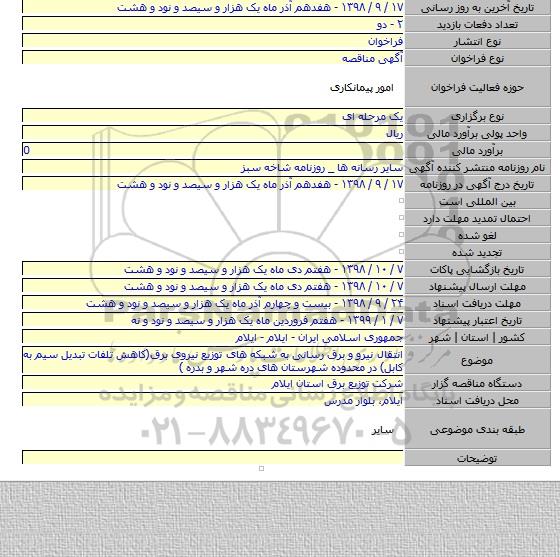 انتقال نیرو و برق رسانی به شبکه های توزیع نیروی برق(کاهش تلفات تبدیل سیم به کابل) در محدوده شهرستان های دره شهر و بدره                        )