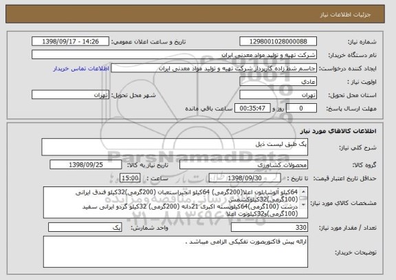 استعلام پک طبق لیست ذیل