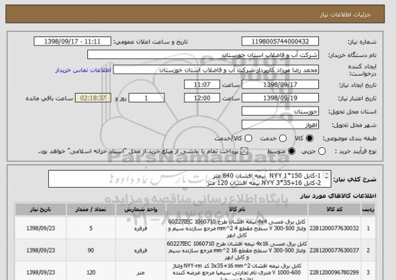 استعلام 1-کابل NYY 1*150  نیمه افشان 840 متر 
2-کابل 16+35*3 NYY نیمه افشان 120 متر 
3-کابل NYY 4*16  نیمه افشان 90 متر 
4-کابل NYY 4*4  نیمه افشان 500 متر