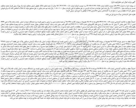 مزایده، مزایده فروش ششدانگ عرصه و اعیان  یکباب مغازه پلاک ثبتی 2464 فرعی از 127 اصلی 