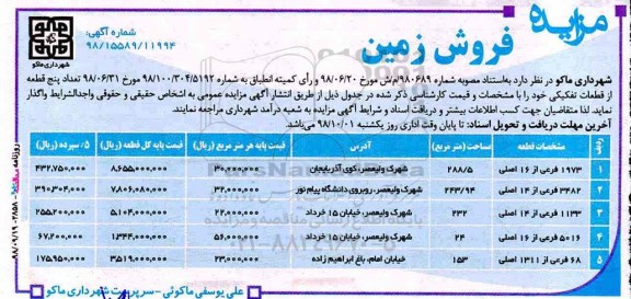 آگهی مزایده مزایده فروش زمین از قطعات تفکیکی 