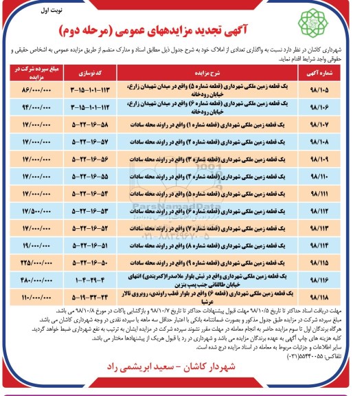 تجدید مزایده، تجدید مزایده واگذاری تعدادی از املاک - مرحله دوم نوبت اول 