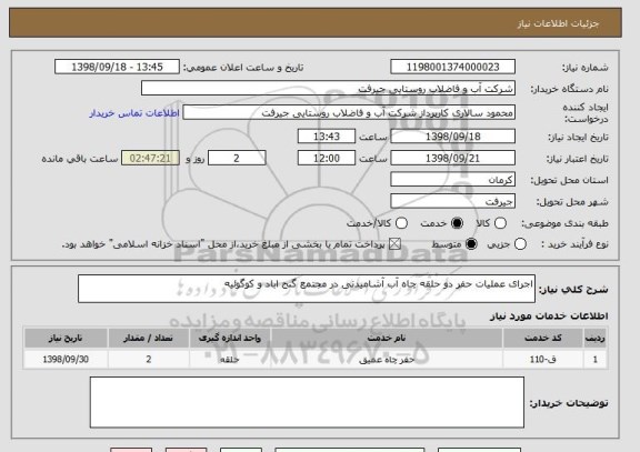 استعلام اجرای عملیات حفر دو حلقه چاه آب آشامیدنی در مجتمع گنج اباد و کوگوئیه