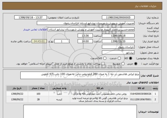 استعلام برنج ایرانی هاشمی در جه 1 به میزان 280 کیلو-روغن نباتی به میزان 100 حلب 4/5 کیلویی