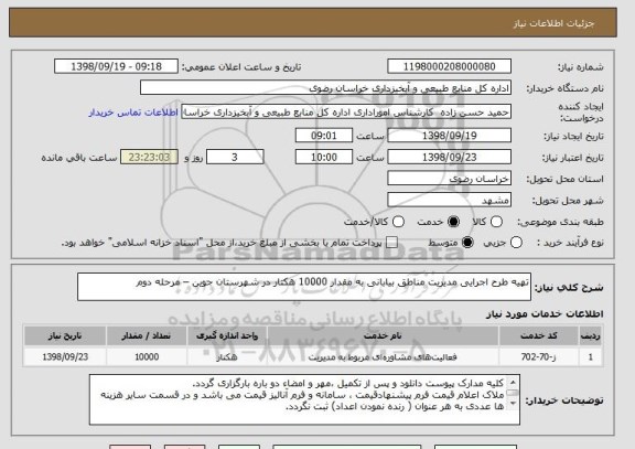 استعلام تهیه طرح اجرایی مدیریت مناطق بیابانی به مقدار 10000 هکتار در شهرستان جوین – مرحله دوم