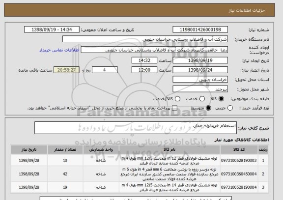 استعلام استعلام خریدلوله جدار.