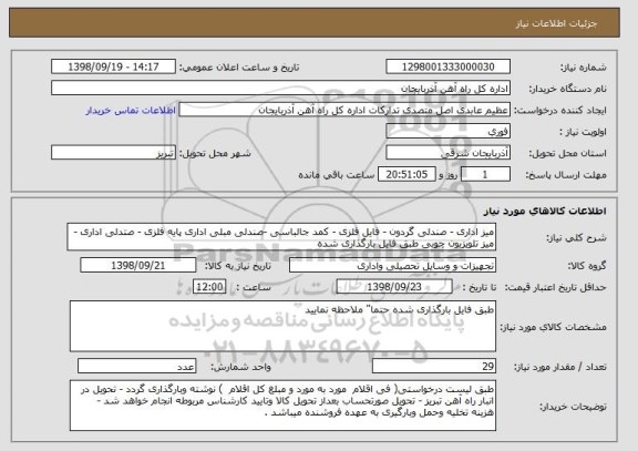 استعلام میز اداری - صندلی گردون - فایل فلزی - کمد جالباسی -صندلی مبلی اداری پایه فلزی - صتدلی اداری -میز تلویزیون چوبی طبق فایل بارگذاری شده