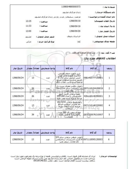 استعلام شیر توکار حمام و اتصالات 