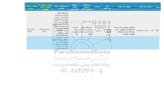 مناقصه، مناقصه واگذاری مقومی نسخ بیمه ای بیمارستانهای مطهری و پیمانیه 