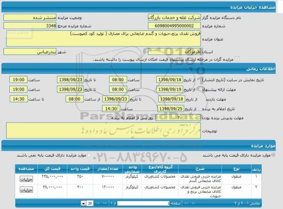 مزایده , مزایده فروش نقدی برنج ، حبوبات  و گندم ضایعاتی