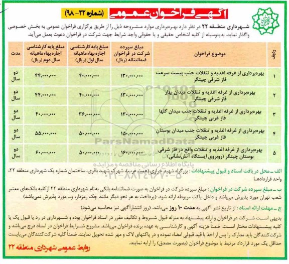 آگهی فراخوان عمومی,فراخوان بهره برداری از غرفه اغذیه و تنقلات