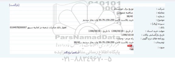 مناقصه عمومی؛ مناقصه عمومی خرید بالاست لامپ 250، 150، 70، 50 وات بخار سدیم