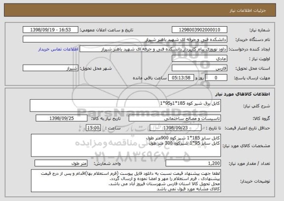 استعلام کابل برق شیر کوه 185*1و95*1