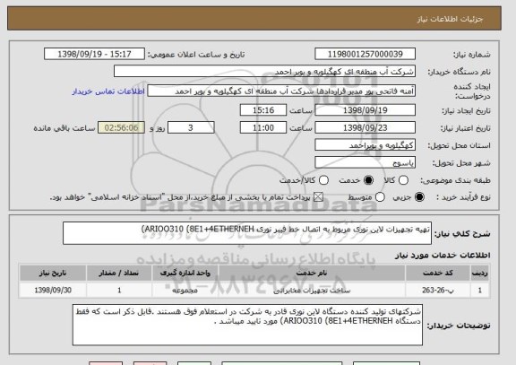 استعلام تهیه تجهیزات لاین نوری مربوط به اتصال خط فیبر نوری ARIOO310 (8E1+4ETHERNEH) 